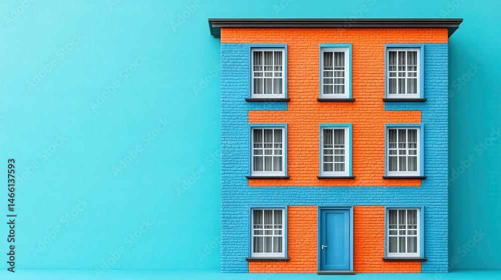 Obraz premium Stylized Residential Building Facade with Playful Contrast Color Palette Minimalist Urban Housing Concept Depicting Homeownership and Growth