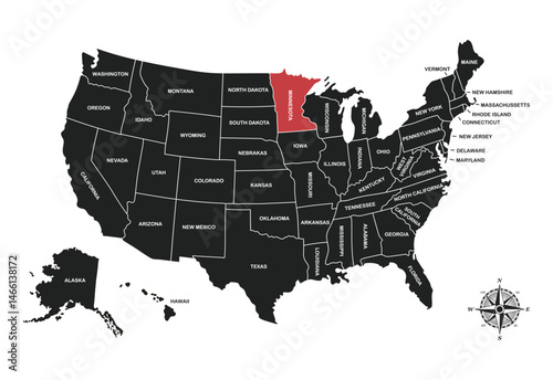Minnesota , USA, vector map isolated on United states map. Editable blank vector map of USA.