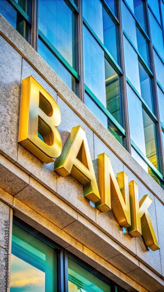 Obraz premium Close-up of a bank's entrance sign with a bold font and bright colors