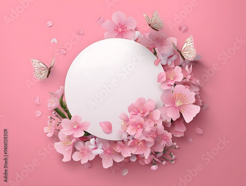 Pink background with a white circle in the center, surrounded by pink flowers and butterflies, creating an elegant composition for text or product display