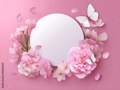 Pink background with a white circle in the center, surrounded by pink flowers and butterflies, creating an elegant composition for text or product display