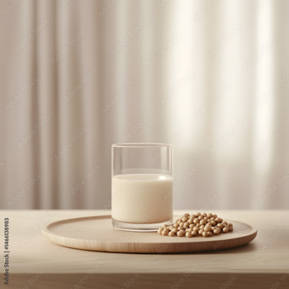 Minimalist layout soy milk in glass placed at center smooth wooden surface with neat pile of soybeans, captured in natural light to represent plant-based nutrition and clean design