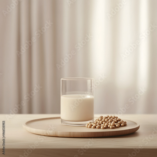 Obraz na płótnie Minimalist layout soy milk in glass placed at center smooth wooden surface with neat pile of soybeans, captured in natural light to represent plant-based nutrition and clean design w salonie