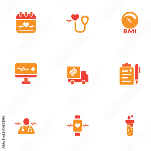 Health Checkup colourful solid icon set.  report, laboratory, check and more. Filled symbol collection.