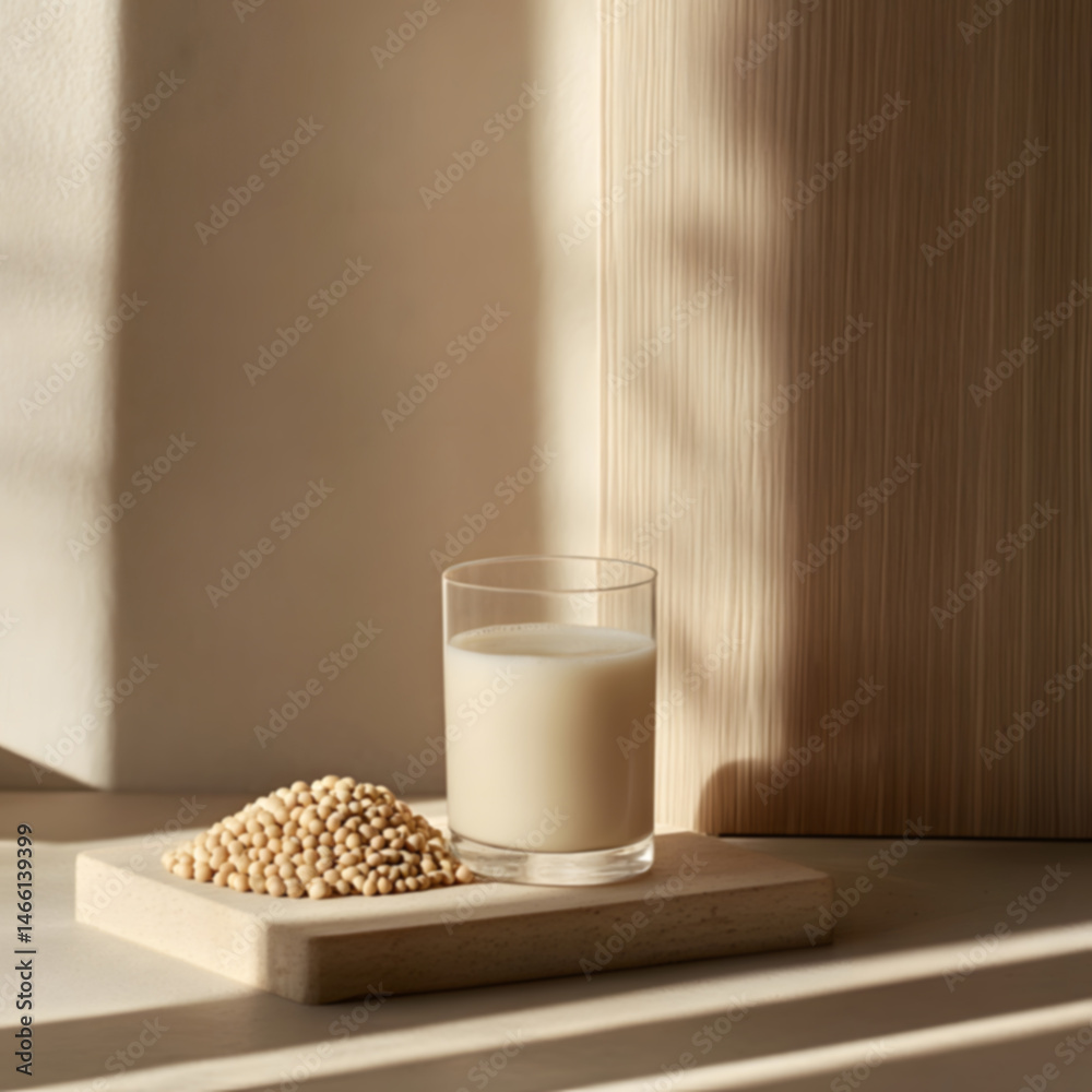 Minimalist layout soy milk in glass placed at center smooth wooden surface with neat pile of soybeans, captured in natural light to represent plant-based nutrition and clean design