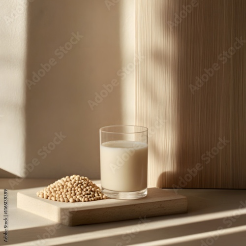 Obraz na płótnie Minimalist layout soy milk in glass placed at center smooth wooden surface with neat pile of soybeans, captured in natural light to represent plant-based nutrition and clean design w salonie
