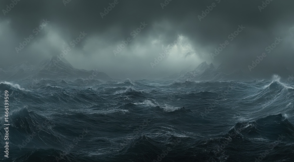 Fototapeta premium Stormy ocean landscape with dark mountains. Vast waves crash against a backdrop of ominous clouds. A dramatic, powerful scene