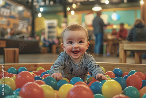 Happy baby playing in ball pit