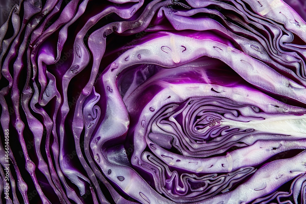 Obraz premium Cross-section of vibrant purple cabbage reveals intricate patterns and textures