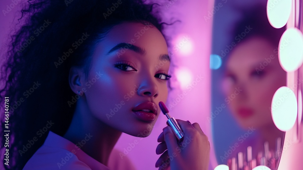 Obraz premium A young woman applies lipstick while looking at her reflection in a vanity mirror, illuminated by vibrant neon lighting.