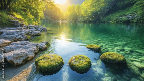 Serene river flowing through lush forest at sunrise.  Crystal clear water over mossy stones photo