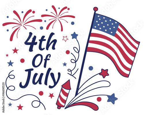 Patriotic Celebration: A festive illustration featuring the American flag, fireworks, and celebratory text, perfectly capturing the spirit of the 4th of July, with red, white, and blue elements.