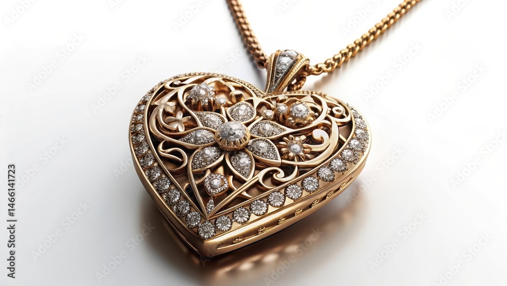 Antique gold necklace with intricate filigree details and a heart-shaped pendant adorned with tiny diamonds