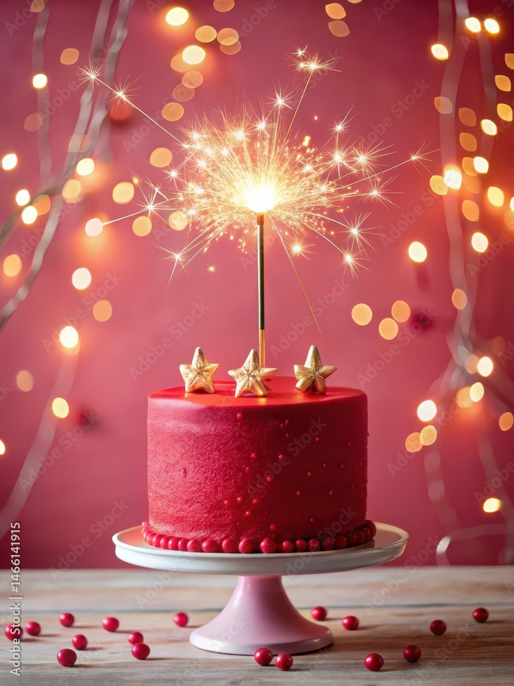 A red birthday cake with a sparkler on top