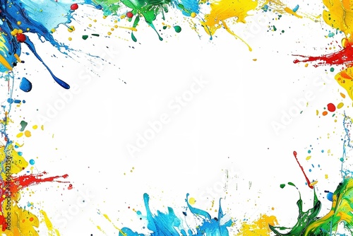 Colorful paint splashes frame a clean bright white space for text or images