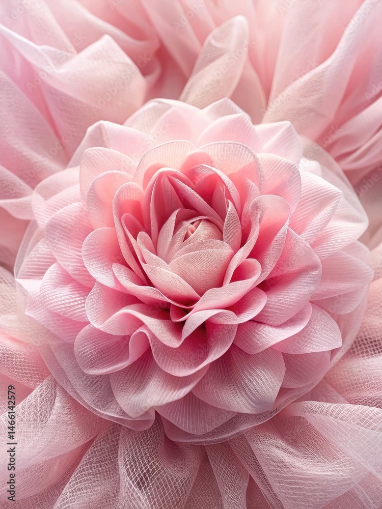 Delicate pink tulle petals forming a lush flower shape with intricate layers and soft folds
