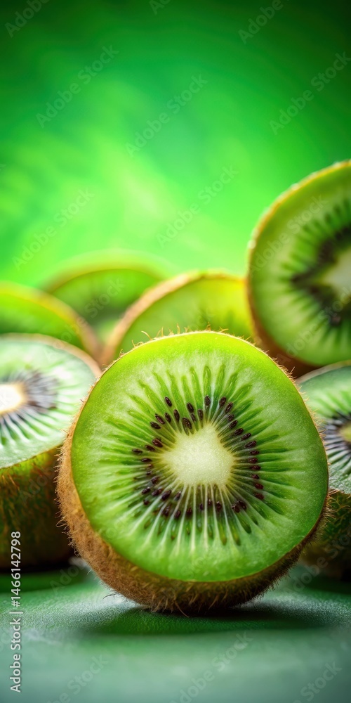 Fresh sliced kiwi fruit on a green background with subtle texture and soft focus effect