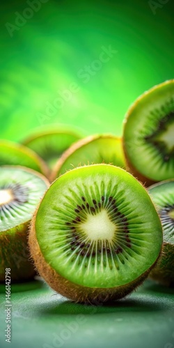 Obraz na płótnie Fresh sliced kiwi fruit on a green background with subtle texture and soft focus effect w salonie