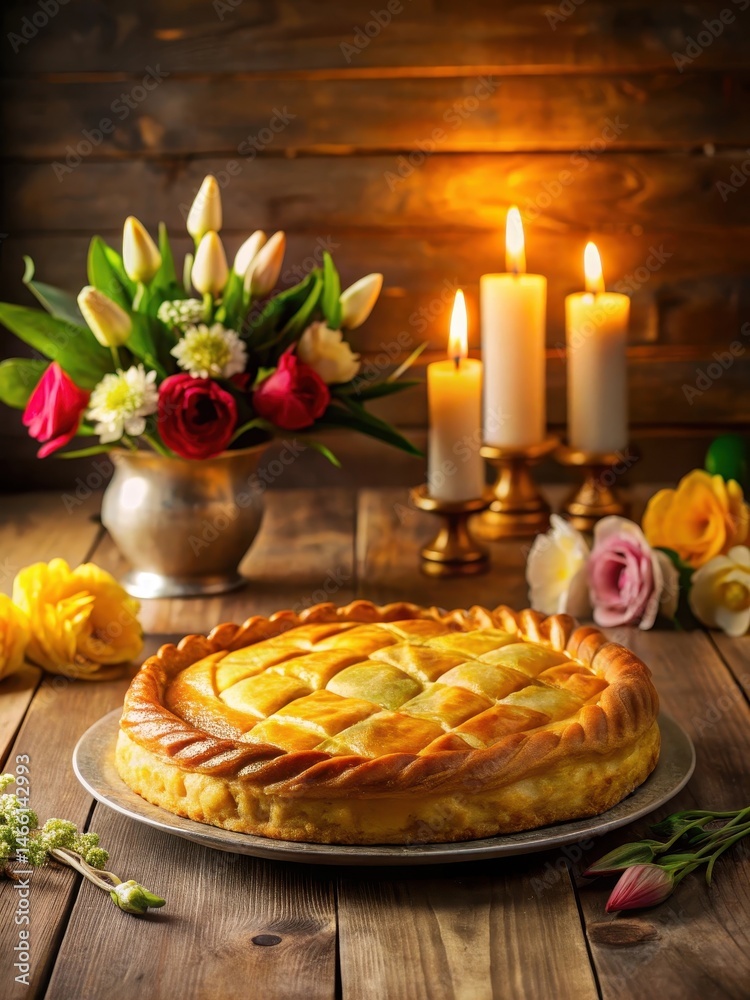 Golden galette des rois on a decorative table with candles and fresh flowers