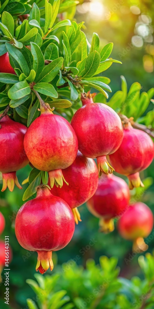 Vibrant pomegranate fruits on a lush green tree branch