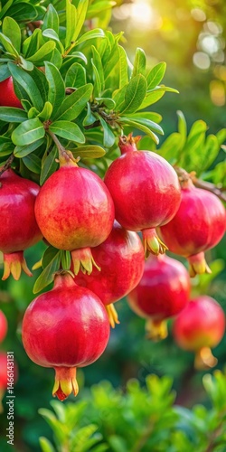 Obraz na płótnie Vibrant pomegranate fruits on a lush green tree branch w salonie