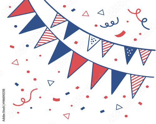 Celebratory Banner: Colorful triangular flags and confetti dance in a celebratory scene, creating a festive and joyful atmosphere.