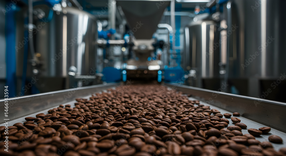 Fototapeta premium Close Up Conveyor Belt with Brown Coffee Beans and Industrial Equipment in Silver and Blue Factory Setting