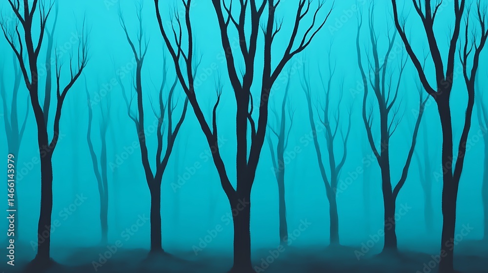 Obraz premium Enigmatic Teal Forest Mysterious Silhouette Trees in Foggy Atmosphere
