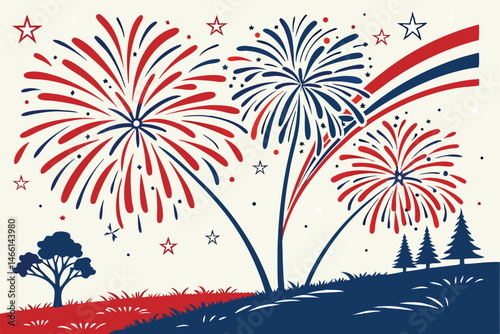 Patriotic Fireworks: A vivid explosion of fireworks bursts across a twilight sky, showcasing a celebration of vibrant colors with a classic landscape and elegant details. 