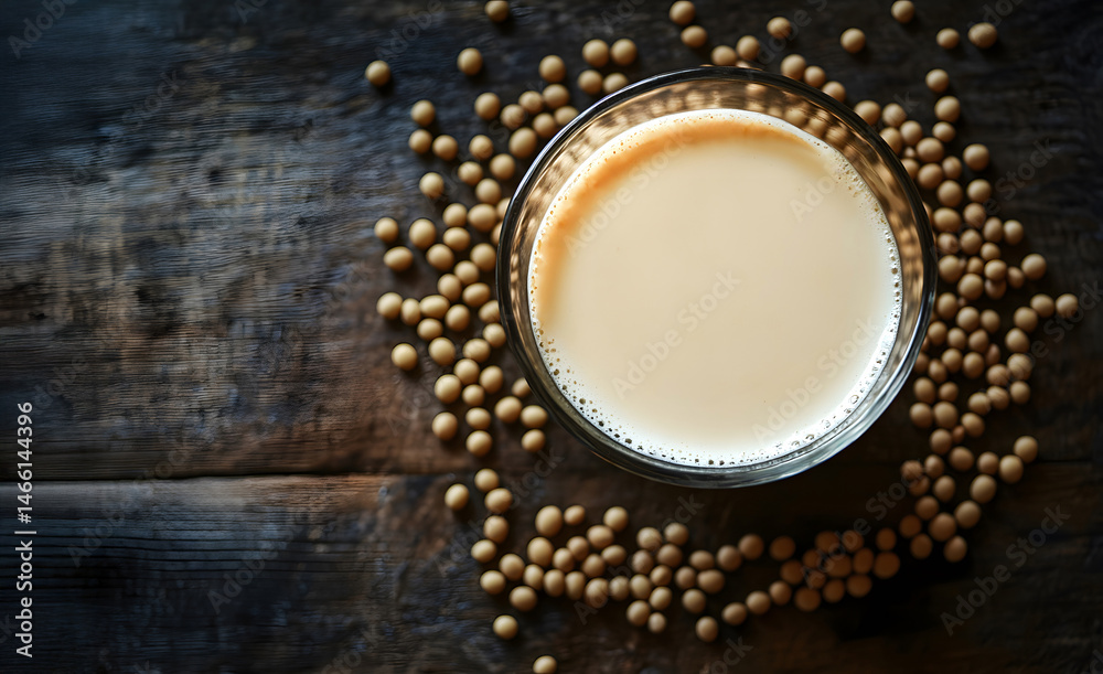 Artistic top view of soy milk in frosted glass surrounded by soybeans arranged in heart shape on dark wood, capturing vegan lifestyle, love for plant nutrition, and rustic kitchen elegance