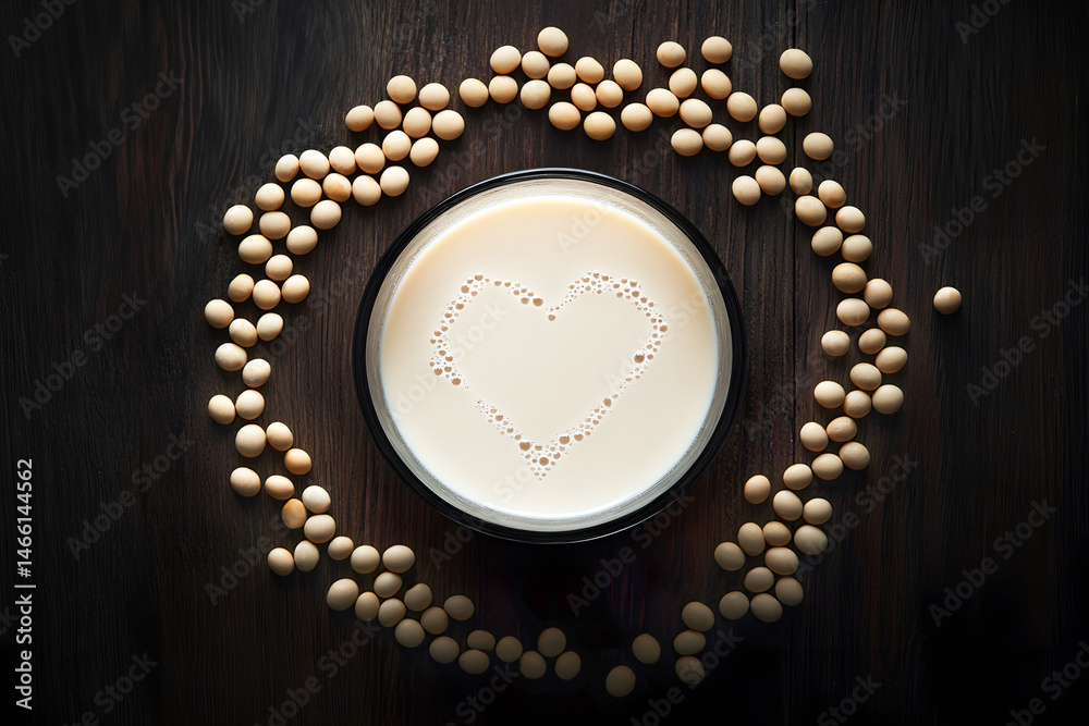 Artistic top view of soy milk in frosted glass surrounded by soybeans arranged in heart shape on dark wood, capturing vegan lifestyle, love for plant nutrition, and rustic kitchen elegance