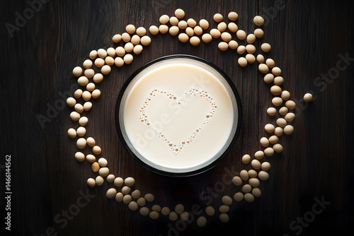 Obraz na płótnie Artistic top view of soy milk in frosted glass surrounded by soybeans arranged in heart shape on dark wood, capturing vegan lifestyle, love for plant nutrition, and rustic kitchen elegance w salonie