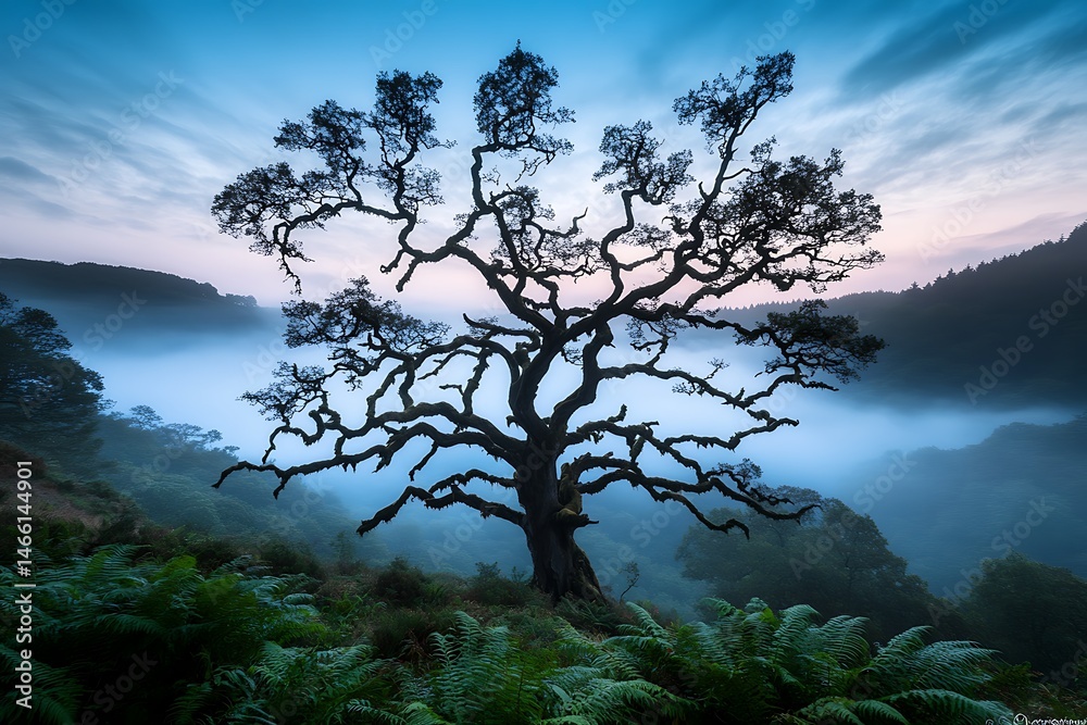 Obraz premium Majestic Oak Tree Silhouetted Against Misty Mountain Landscape at Dawn