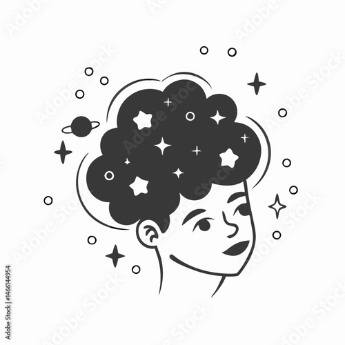 Person with Starry Space Hair, Cosmic Head Illustration
