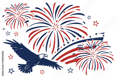 Patriotic Fireworks Display: A dynamic illustration of patriotic symbols, including fireworks, stars, and a majestic eagle, celebrating national pride and freedom.