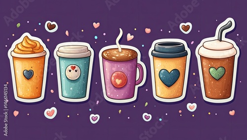 Cute Coffee Cups with Drinks, and Hearts.