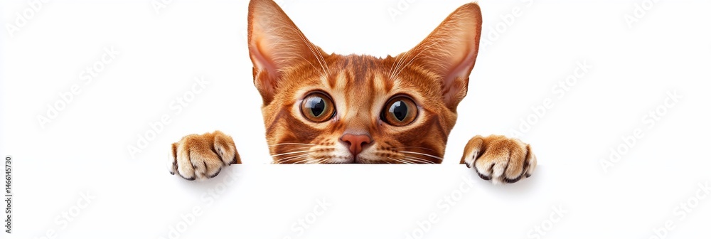 Fototapeta premium Curious ginger kitten peeking over white background.