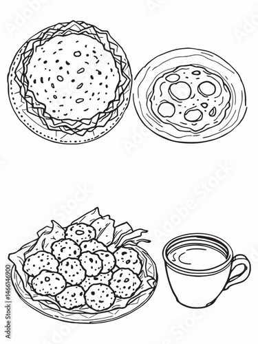 Delicious north and south indian street food line art drawing.eps