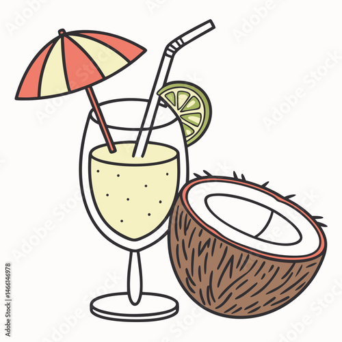 Tropical coconut cocktail icon with umbrella, flat design style