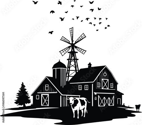 Rustic Farm Scene Silhouette Featuring a Majestic Cow in the Foreground, Set Against a Classic Barn with a Windmill and Surrounding Trees, Capturing the Essence of Countryside Life