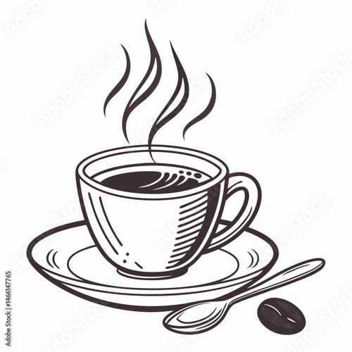 Espresso cup icon with saucer, spoon, and coffee bean