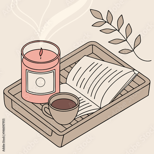 Scented candle on wooden tray with coffee and book