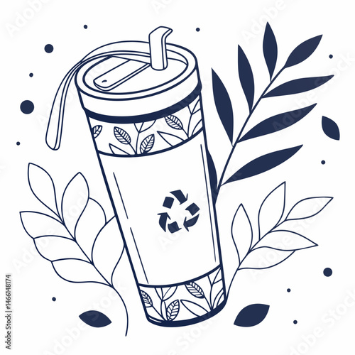 Modern reusable travel cup icon with eco-friendly design elements