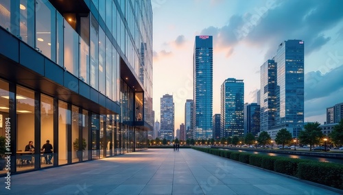 Fototapeta Naklejka Na Ścianę i Meble -  Modern office building exterior, glass facade, city skyline , steel, contemporary