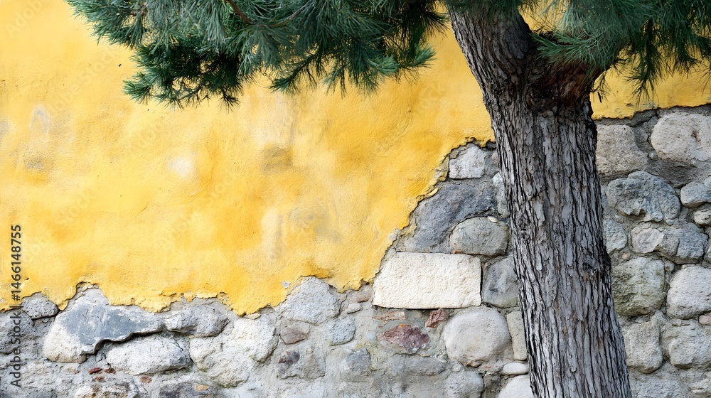 closeup showing the rough bark of tree overlapping weathered house wall, captured in soft natural light to highlight texture, depth and visual harmony between organic and built elements