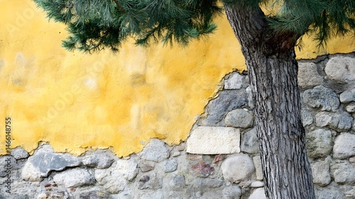 Obraz na płótnie closeup showing the rough bark of tree overlapping weathered house wall, captured in soft natural light to highlight texture, depth and visual harmony between organic and built elements w salonie