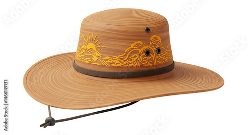 Detailed Tan Straw Hat with Sun and Mountain Design