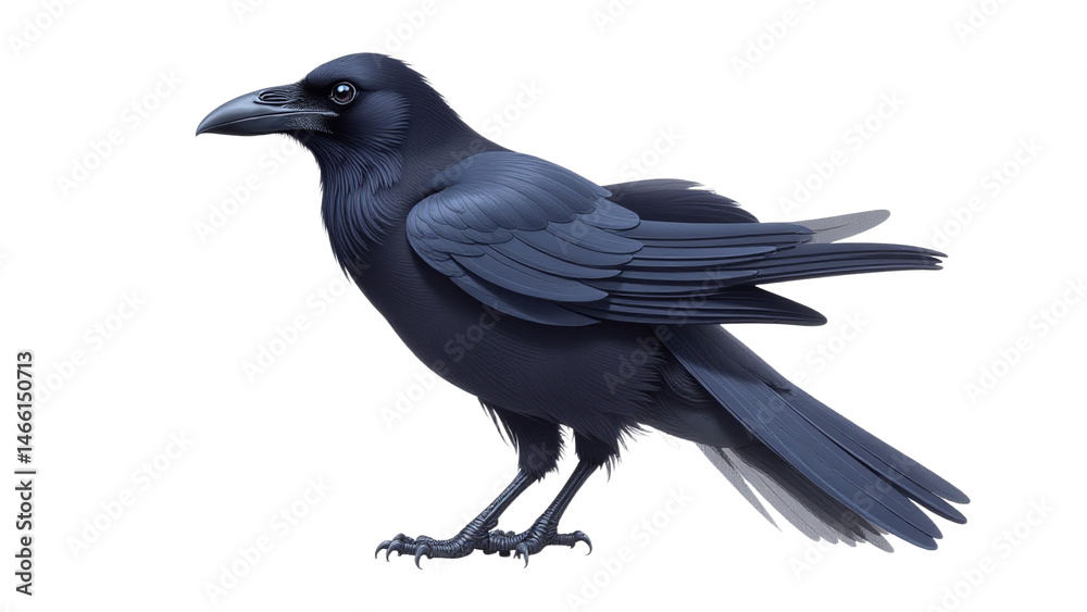 Obraz premium Black raven illustration with dark blue feathers on white background for educational poster and nature branding