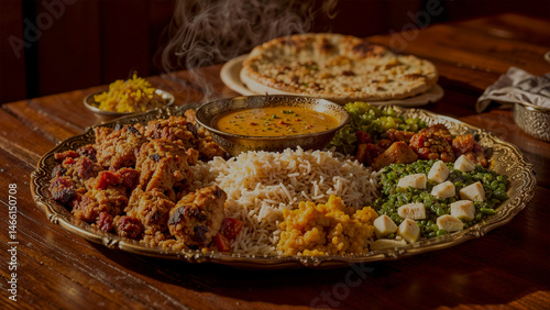 Delicious traditional Indian food served on a brass platter in a cozy restaurant