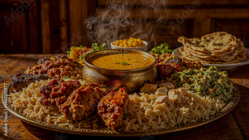 Delicious traditional Indian food served on a brass platter in a cozy restaurant